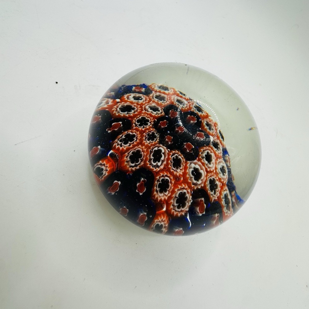 Vintage Millefiori Art Glass Paperweight Blue Red White,Floral Groovy MCM Decor - Picture 5 of 11